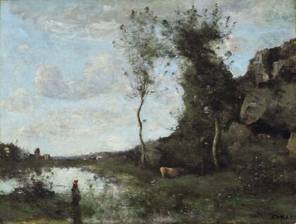 Une Paysanne Et Sa Vache Ã La Mare En Vue D’un Village