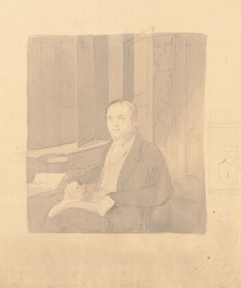 Unfinished three-quarter portrait of a physician, seated at a desk with a skeleton in the closet behind him