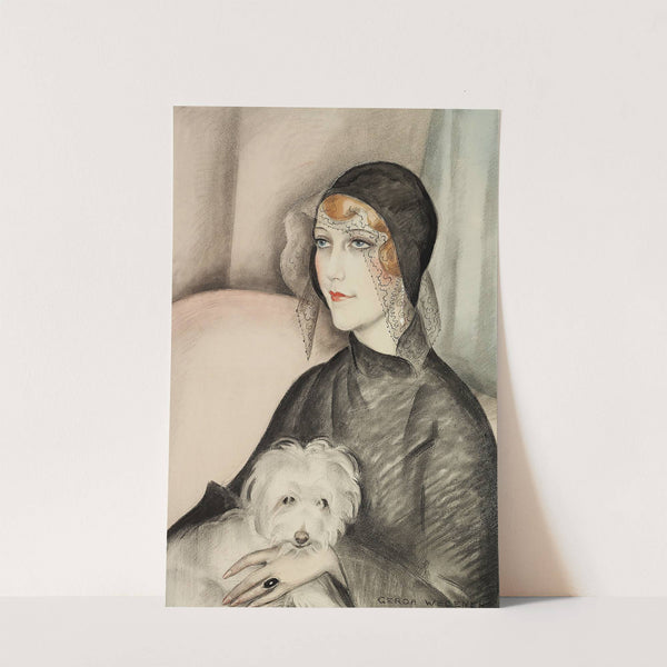 Ung dame med sort klokkehat og lille hvid skødehund by Gerda Wegener