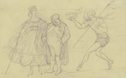 Ungleiches Paar, von rechts eilt ein dandyhaft gewandeter Wilhelm I. herbei