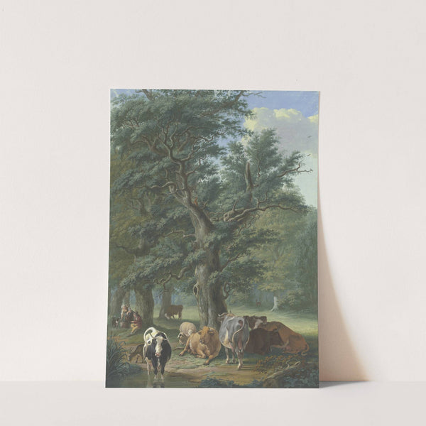 Unter einen großen Eiche ruht Vieh, in der Ferne ein Reh, links bringt eine Frau dem Hirten das Essen by Johann Georg Pforr