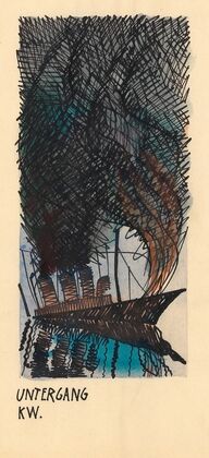 Untergang (Schiff mit vier Schloten, Feuer und Rauchwolke)
