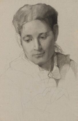 Untitled [frontal head and sketched in bust and hands of girl]