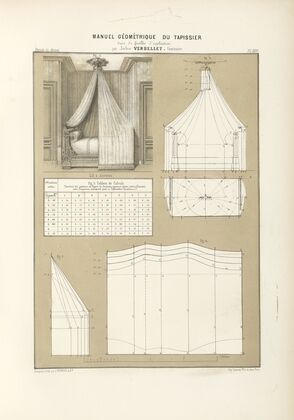 Untitled plate featuring group of images illustrating drapery for a bed (lit à Anneau) and its plans