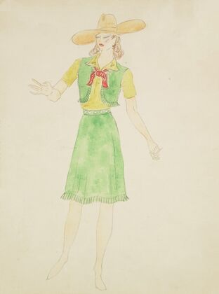 Up We Go: Yellow shirt, green fringe vest, green fringe skirt, red tie, and yellow cowboy hat (1934-1943) — size preview