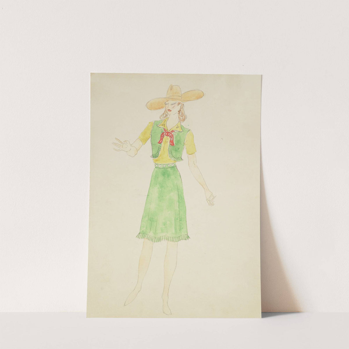 Up We Go: Yellow shirt, green fringe vest, green fringe skirt, red tie, and yellow cowboy hat (1934-1943) by Charles Hawkins