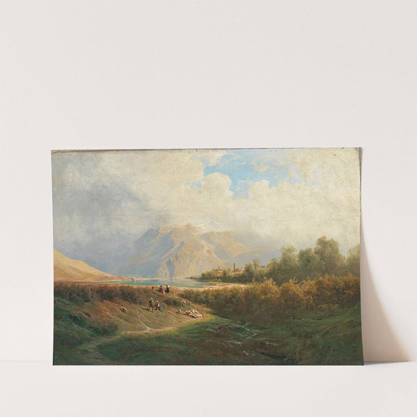 Upper Italian Town on a Lakeshore with Herd of Sheep and Shepherd in the foreground by Leopold Heinrich Vöscher