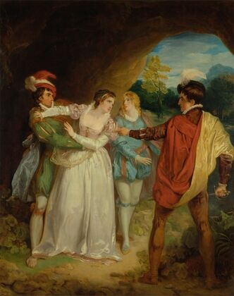 Valentine rescuing Silvia from Proteus, from Shakespeare’s ‘The Two Gentlemen of Verona,’ Act V, Scene 4, the Outlaws’ Cave