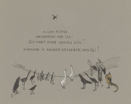 Vanaf de grond kijkt een groep vogels op naar een biddende arend