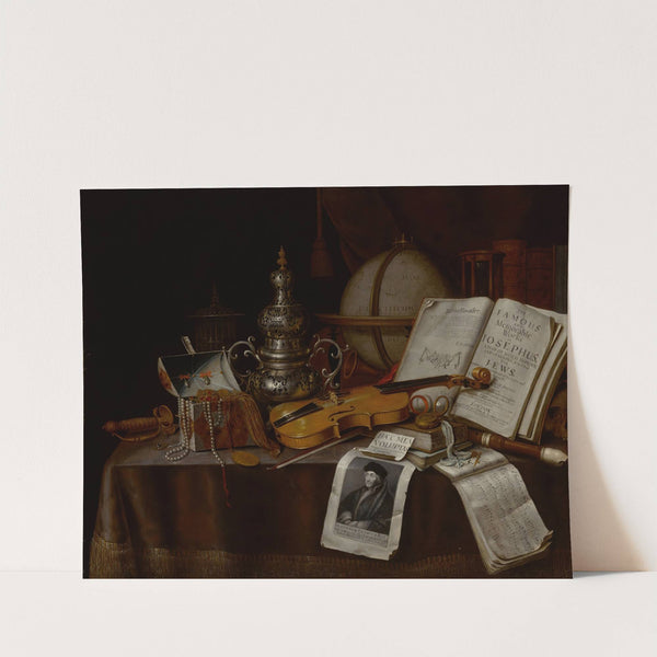 Vanitas still life with a violin, silver incense burner, globe, sword, box of jewelry, and manuscripts by Edwaert Collier