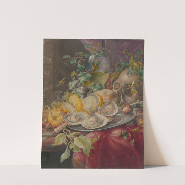 Vanitasstilleven met oesters en schedel by Herman Henstenburgh