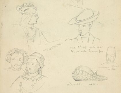 Various male and female heads in hats