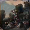 Vase, fleurs, et fruits dans un paysage