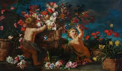 Vases of flowers with putti in a landscape