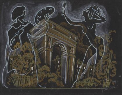 Vaudeville: Artist and Nude Model Outlined over Image of Washington Square Park Archway (1934-1943) — size preview