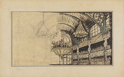 Vaudeville: Drop for Unidentified Scene (Wind Band in Balcony of Exhibition Hall) (1934-1943) — size preview