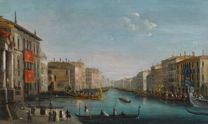 Venice, A View Of The Grand Canal From The Palazzo Balbi Looking Toward The Rialto Bridge With A Regata