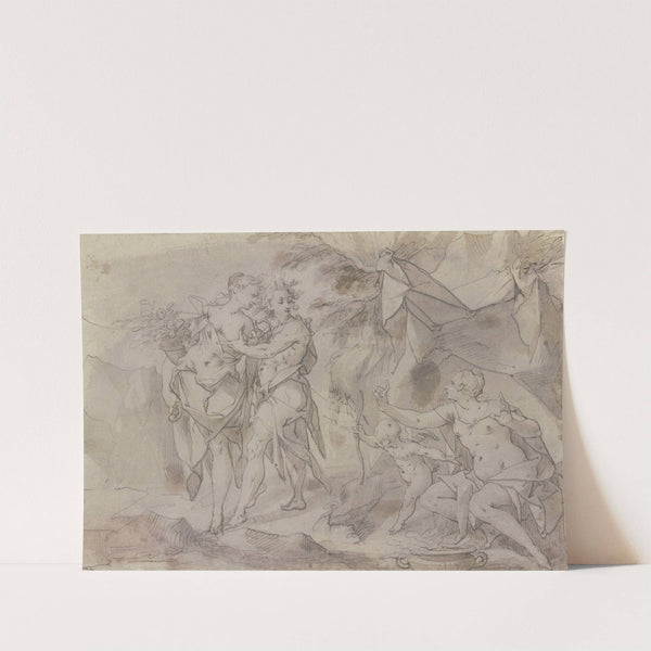 Venus und Amor unter einem Zelt sitzend, links von ihnen stehen Flora und Zephir by Joseph Heintz The Elder