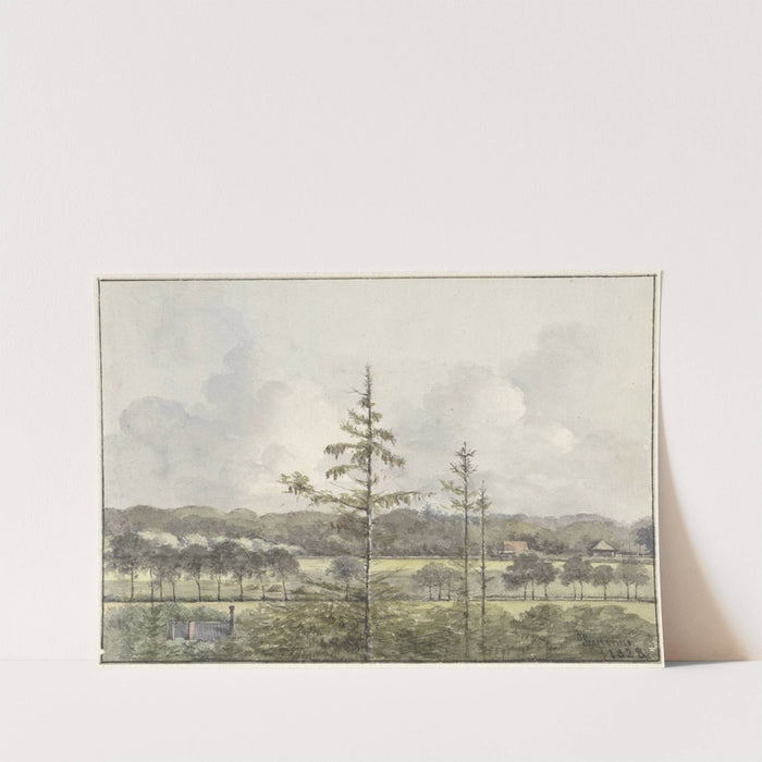 Vergezicht van weilanden met boerderijen by Pieter Ernst Hendrik Praetorius