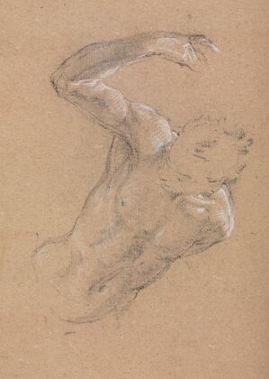 Verona Sketchbook :Male nude with upraised right arm (page 32)
