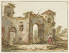 Vervallen gebouw met rechts een houtsprokkelaarster (1782 - 1837)