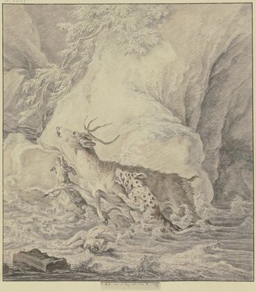 Verwundeter Hirsch, von zwei Hunden durchs Wasser gehetzt, ein dritter Hund liegt verwundet im Wasser (1741)