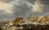 Vessels And A Rowing Boat On Choppy Waters, Near A Small Harbor Town With A Windmill, Possibly Hoboken