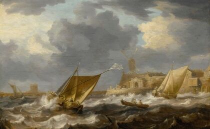 Vessels And A Rowing Boat On Choppy Waters, Near A Small Harbor Town With A Windmill, Possibly Hoboken