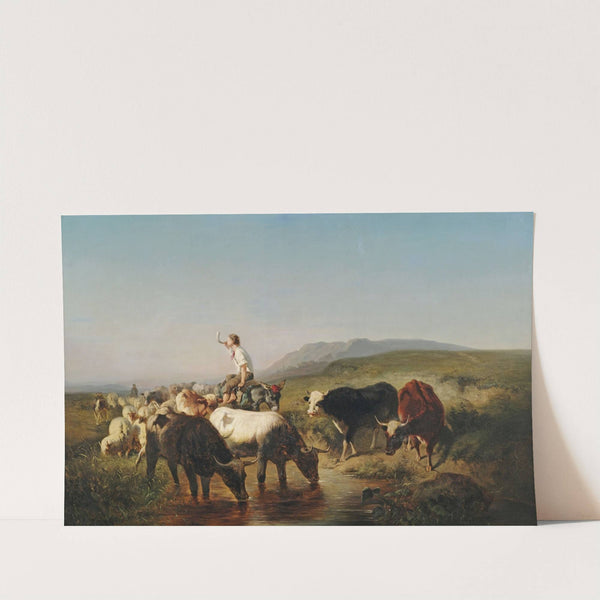 Vieh- und Schafherde mit eselreitendem Hirtenknaben in weiter Landschaft by Adolf Schreyer