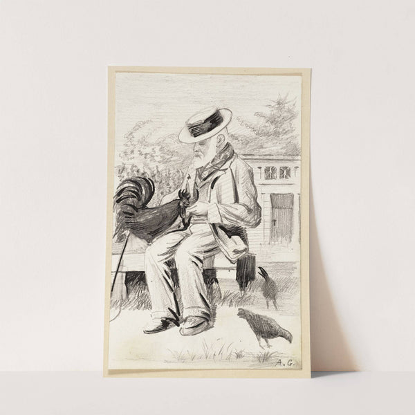 Vieil homme assis nourissant un coq by Arthur-Joseph Gueniot