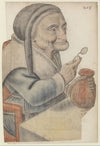 Vieille femme assise devant une table, tenant une bourse dans sa main gauche et un binocle dans sa main droite, vue de trois quarts à droite