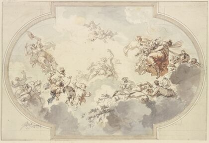 Viele Genien und Bacchanten schweben in Wolken