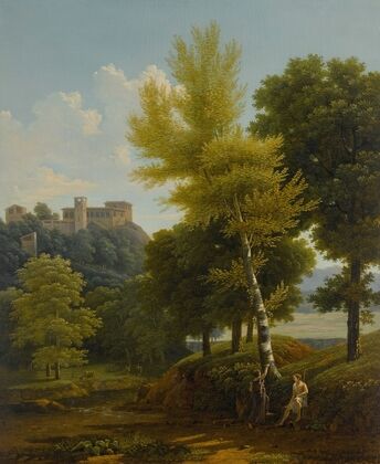 View of a brook in the countryside, a castle in the hillside above, with Pâris and Oenone in the foreground