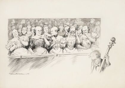 View of an audience at a concert, with one musician in the orchestra pit partially visible. (1897)