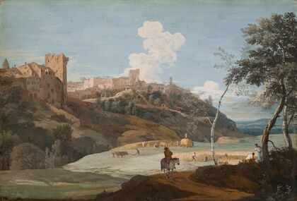 View of an Italian hilltown with a horseman and peasants laboring