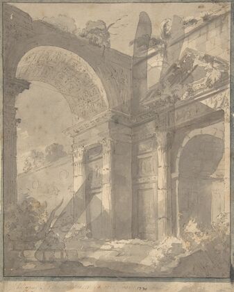 View of Ancient Roman Ruins, an Arch and a Triangular-Pedimented Doorway
