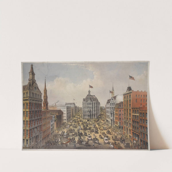 View of Broadway, looking north from just below Fulton St. St. Paul’s on the left, post office in centre (1875) by Currier & Ives.