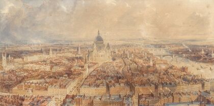 View of London from the steeple of St Bride’s Church, Fleet Street, looking east towards St Paul’s Cathedral