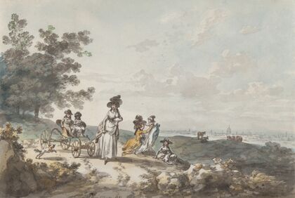 View of London with St. Paul’s in the Distance; Woman and Children with a Baby Carriage