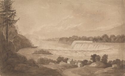 View of Niagara Falls with the Falls in the Background, Right, and Landscape with Houses in the Foreground