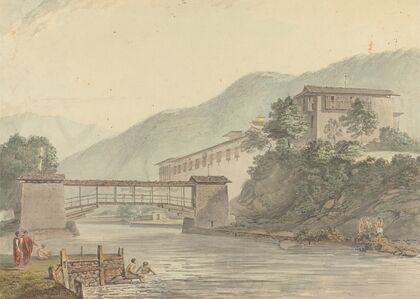 View of Tashichoedzong, Bhutan and Foot Bridge