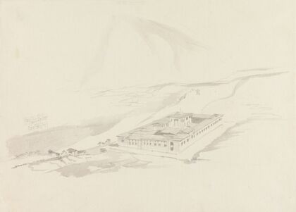 View of Tasicho Dzong from Above (panoramic view of a large building in a valley)