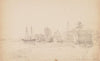 View of the stores at the mouth of the Mill River with the English sloop at anchor taken from the ground Walter Perrys