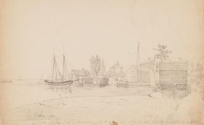 View of the stores at the mouth of the Mill River with the English sloop at anchor taken from the ground Walter Perrys