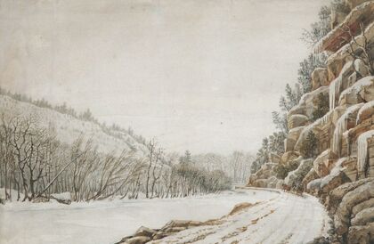 View on the New Turnpike Road, on the Margin of the Juniata, with a Distant View of the Warrior Mountain