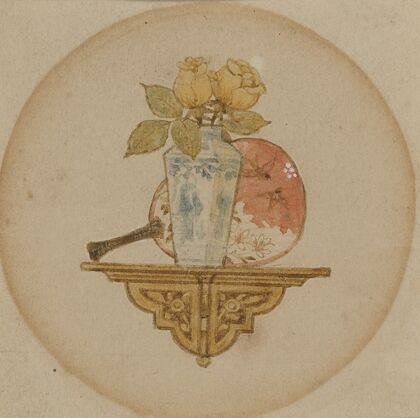Vignette of fan and vase on a shelf
