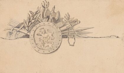 Vignette of weapons and a shield