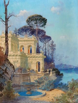 Villa, a Fountain by the Lake in the foreground