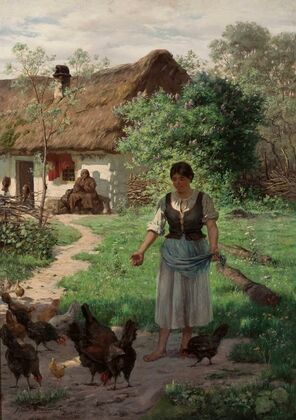Village girl feeding hens