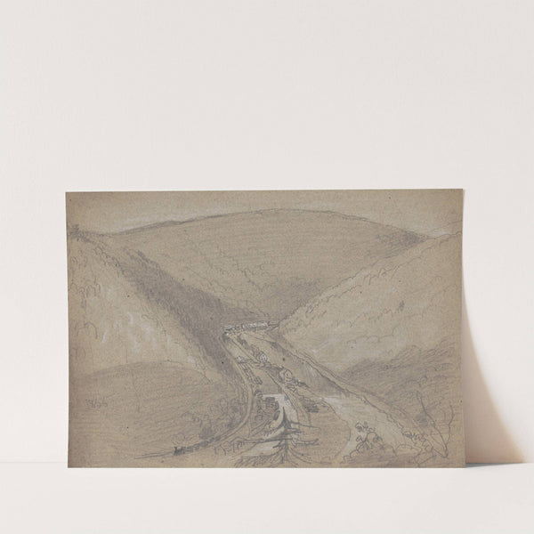 Village in mountain gap, train running on tracks on the left, buildings on strip of land dividing a river (1855) by James Fuller Queen